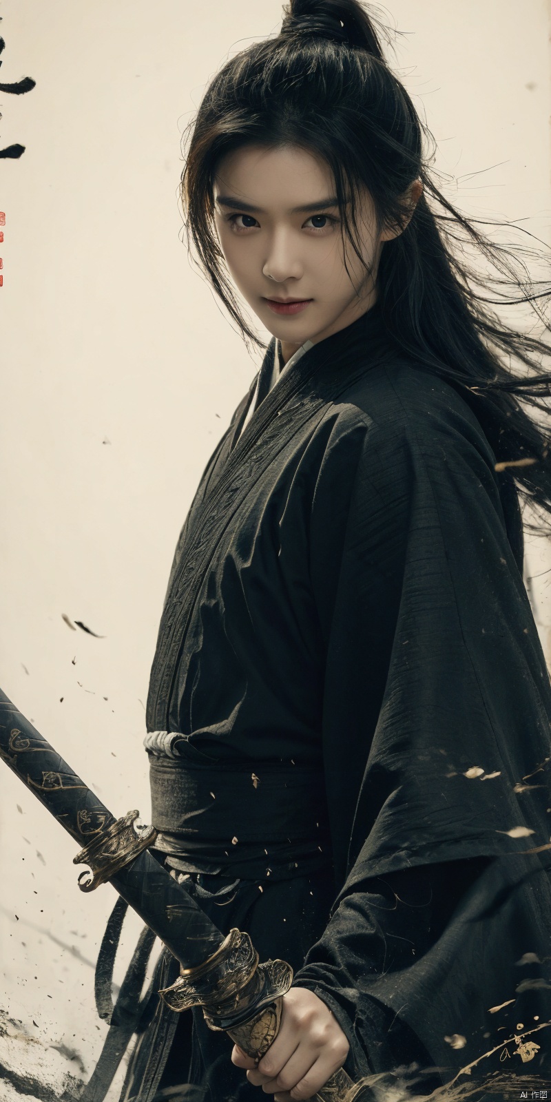  best quality, masterpiece, cowboy_shot,(Good structure), DSLR Quality,Depth of field,kind smile,looking_at_viewer,Dynamic pose, 
sdmai, wuxia, Chinese ink painting, artistic ink painting, Chinese martial arts films, wearing black robes, fighting posture, cinematic grandeur, splashing details, wild and powerful, solo, weapon, black hair, sword, long hair, male focus, looking at viewer, 1boy, scar, asuo, ((poakl)), 1girl