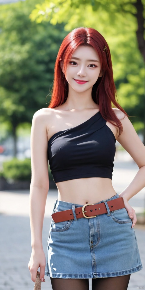  best quality, masterpiece, cowboy_shot,(Good structure), DSLR Quality,Depth of field,kind smile,looking_at_viewer,Dynamic pose,
 1girl, 3d, bare_shoulders, belt, blurry, blurry_background, blurry_foreground, branch, , , , collarbone, cosplay_photo, denim, denim_skirt, depth_of_field, , lips, long_hair, looking_at_viewer, midriff, miniskirt, motion_blur, navel, outdoors, photo_\(medium\), realistic, skirt, solo, standing, tree, , , , , , red_hair, , yefei, blackpantyhose