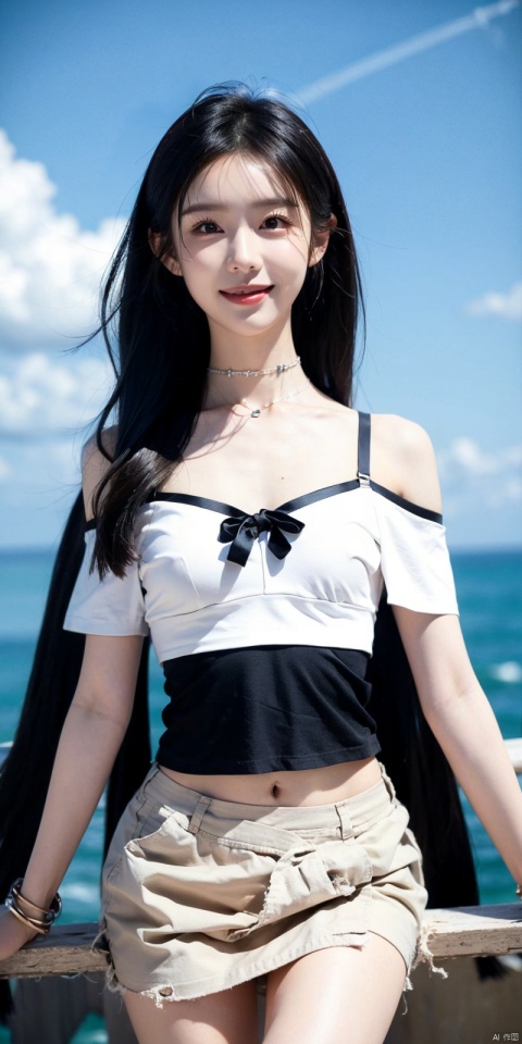  cowboy_shot,(Good structure), DSLR Quality,Short skirt,Blue sky, white clouds, ocean, nai3, 1girl, solo, crop top, , choker, navel, shirt, midriff, crop top overhang, looking at viewer, white shirt, jewelry, breasts, bare shoulders, off-shoulder shirt, off shoulder, black choker, thighs, stomach, long hair, bracelet, short sleeves, ribbon, hand up, collarbone, hair ribbon, medium breasts, , bra strap, , hair ornament, thigh gap, necklace, expressionless, , ,kind smile, , duling