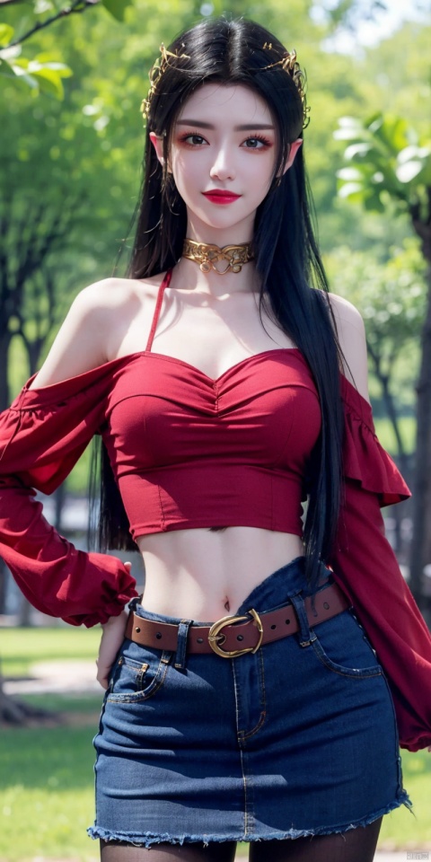  best quality, masterpiece, cowboy_shot,(Good structure), DSLR Quality,Depth of field,kind smile,looking_at_viewer,Dynamic pose,
 1girl, 3d, bare_shoulders, belt, blurry, blurry_background, blurry_foreground, branch, , , , collarbone, cosplay_photo, denim, denim_skirt, depth_of_field, , lips, long_hair, looking_at_viewer, midriff, miniskirt, motion_blur, navel, outdoors, photo_\(medium\), realistic, skirt, solo, standing, tree, , , , , , meidusha, blackpantyhose