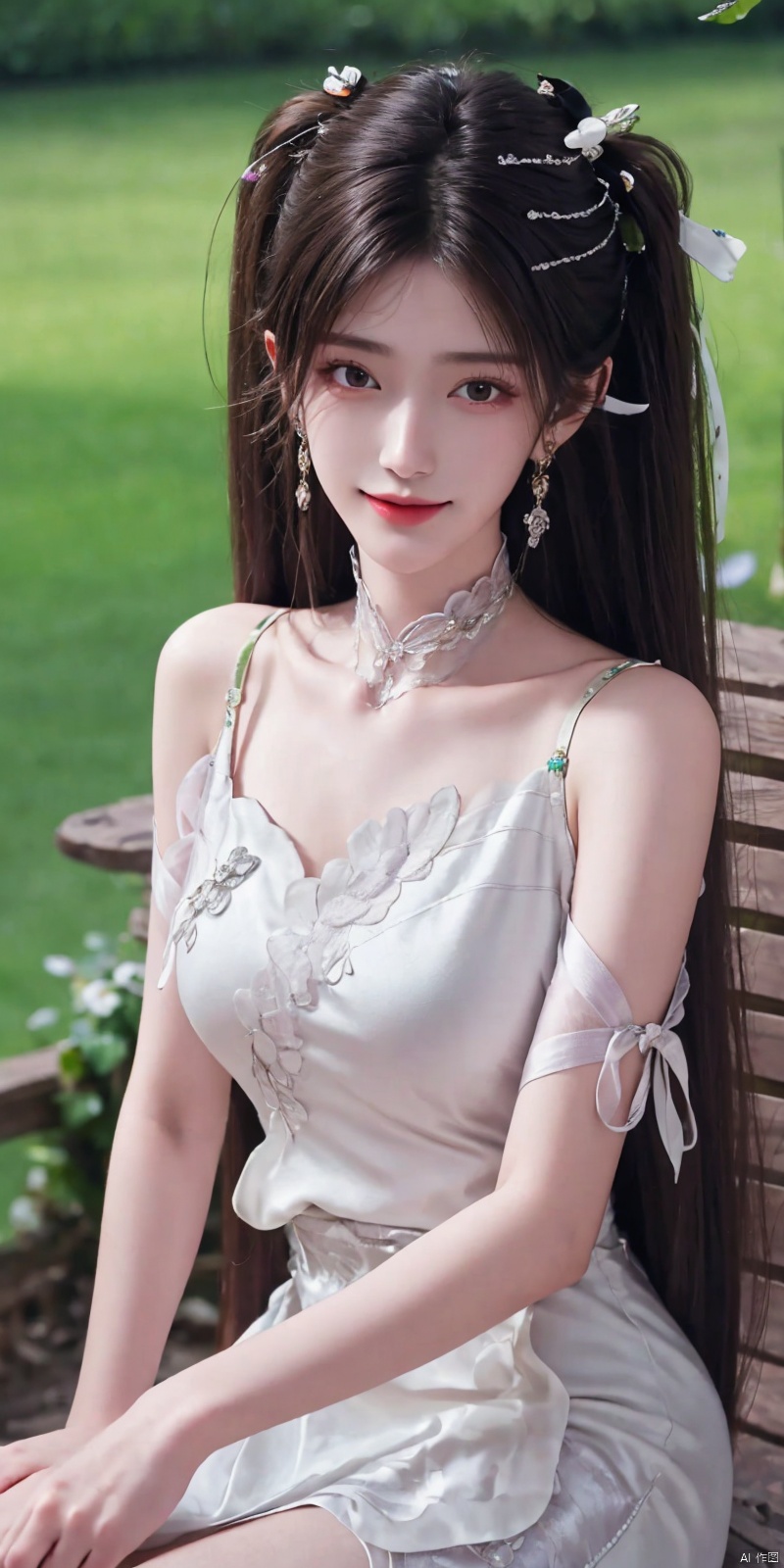 best quality, masterpiece, realistic,cowboy_shot,(Good structure), DSLR Quality,Depth of field,kind smile,looking_at_viewer,Dynamic pose, 
1girl, solo, long hair, breasts, looking at viewer, bangs,   hair ornament, dress, ribbon,  , bare shoulders, twintails, jewelry, medium breasts, sitting, very long hair,  collarbone, hair ribbon,  , flower, thighs, earrings, outdoors, parted lips, sleeveless, choker, hand up, hair flower, water,  white dress, bare arms, petals,  , sleeveless dress, black choker, short dress, frilled dress, white flower, purple ribbon, spaghetti strap,
 ,jinpinger