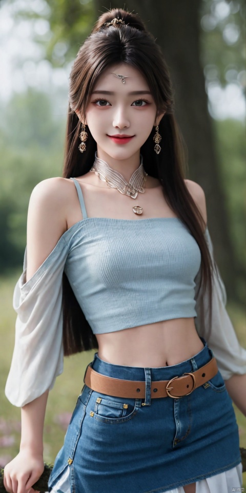 best quality, masterpiece, realistic,full_body,(Good structure), DSLR Quality,Depth of field,kind smile,looking_at_viewer,Dynamic pose, 
 1girl, 3d, bare_shoulders, belt, blurry, blurry_background, blurry_foreground, branch, , , , collarbone, *******_photo, denim, denim_skirt, depth_of_field, , lips, long_hair, looking_at_viewer, midriff, miniskirt, motion_blur, navel, outdoors, photo_\(medium\), realistic, skirt, solo, standing, tree, , ,  , , , , , , , ,jinpinger