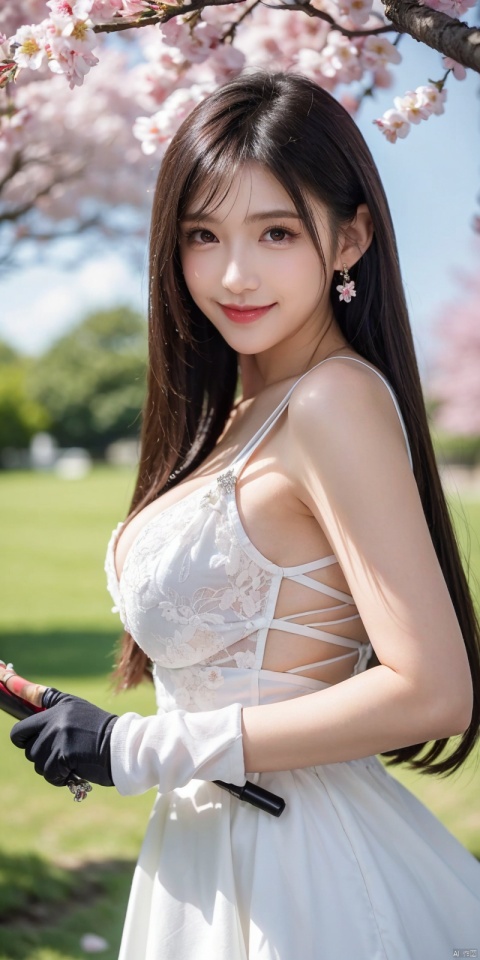  best quality, masterpiece, realistic,full_body,(Good structure), DSLR Quality,Depth of field,kind smile,looking_at_viewer,Dynamic pose, 
1girl, solo, long hair, breasts, looking at viewer, blush, bangs, blue eyes, hair ornament, gloves, dress, hair between eyes, medium breasts, very long hair, standing, weapon, flower,, , outdoors,  sky, day, pointy ears, black gloves, cloud, hair flower, white dress, armor, two-tone hair, blue sky, petals, , cherry blossoms, pink flower,  , tifa