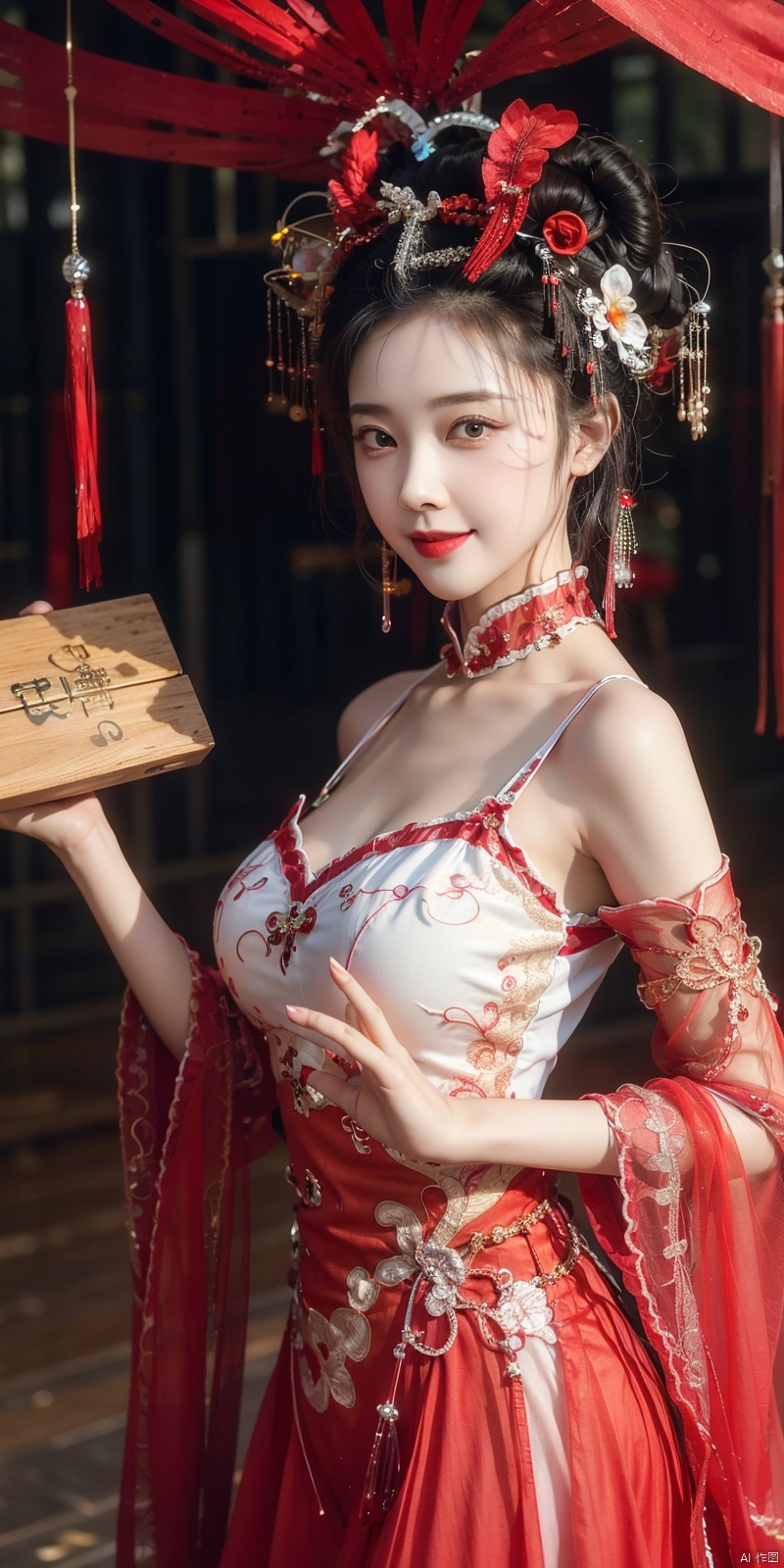  best quality, masterpiece, cowboy_shot,(Good structure), DSLR Quality,Depth of field,kind smile,looking_at_viewer,Dynamic pose, 
, ultra high res,1girl, gigantic_breasts, looking at viewer,(see-through dress),bare shoulders,dress,qi pao,ancient Chinese street ,Chinese dress,, yosshi film, standing, one girls, chinese_clothes, Chinese costume, street, smiling, holding_wood_box , ganyu (genshin impact), 1girl, jujingyi, drakan_longdress_dragon crown_headdress, wunv, zhulin