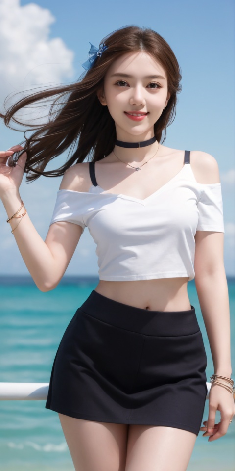  best quality, masterpiece, cowboy_shot,(Good structure), DSLR Quality,Depth of field,kind smile,looking_at_viewer,Dynamic pose, 
,Short skirt,Blue sky, white clouds, ocean, nai3, 1girl, solo, crop top, , choker, navel, shirt, midriff, crop top overhang, looking at viewer, white shirt, jewelry, breasts, bare shoulders, off-shoulder shirt, off shoulder, black choker, thighs, stomach, long hair, bracelet, short sleeves, ribbon, hand up, collarbone, hair ribbon, medium breasts, , bra strap, , hair ornament, thigh gap, necklace, expressionless, ,, ,, , , , heiguafu