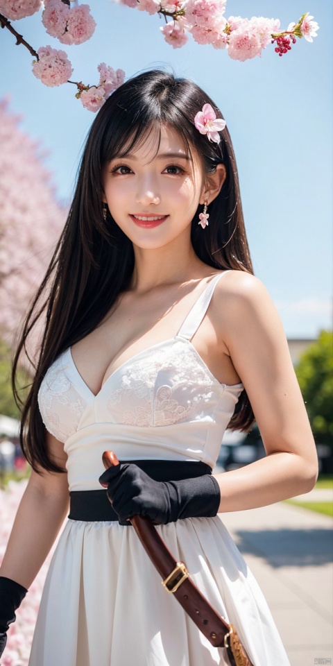  best quality, masterpiece, realistic,cowboy_shot,(Good structure), DSLR Quality,Depth of field,kind smile,looking_at_viewer,Dynamic pose, 
1girl, solo, long hair, breasts, looking at viewer, blush, bangs, blue eyes, hair ornament, gloves, dress, hair between eyes, medium breasts, very long hair, standing, weapon, flower,, , outdoors,  sky, day, pointy ears, black gloves, cloud, hair flower, white dress, armor, two-tone hair, blue sky, petals, , cherry blossoms, pink flower,  , tifa