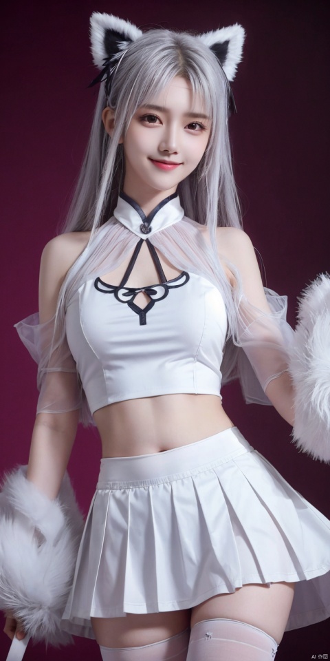 best quality, masterpiece, realistic,cowboy_shot,(Good structure), DSLR Quality,Depth of field,kind smile,looking_at_viewer,Dynamic pose, 
1girl, solo, breasts, looking at viewer, blush,   skirt,  shirt, thighhighs, navel, holding, animal ears, bare shoulders, underwear, standing, panties, tail, , white shirt, thighs,, pleated skirt, , sleeveless, midriff, black thighhighs, indoors, miniskirt, stomach, white panties, crop top, animal ear fluff, bare arms, fox ears, sleeveless shirt, fox tail, halo, pantyshot, white skirt, fox girl, brown thighhighs, cheerleader, pom pom \(cheerleading\), crop top overhang, holding pom poms,   , xiaoyixian,white_hair, blackpantyhose