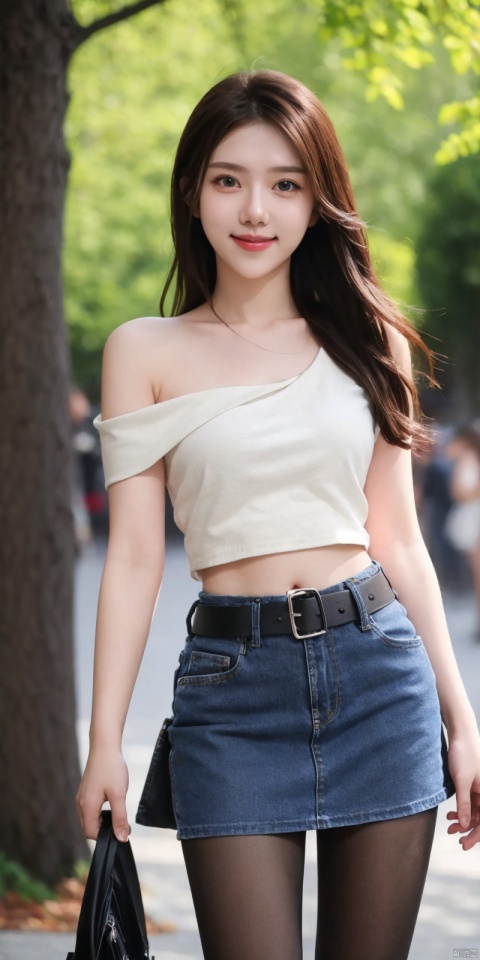  best quality, masterpiece, cowboy_shot,(Good structure), DSLR Quality,Depth of field,kind smile,looking_at_viewer,Dynamic pose,
 1girl, 3d, bare_shoulders, belt, blurry, blurry_background, blurry_foreground, branch, , , , collarbone, cosplay_photo, denim, denim_skirt, depth_of_field, , lips, long_hair, looking_at_viewer, midriff, miniskirt, motion_blur, navel, outdoors, photo_\(medium\), realistic, skirt, solo, standing, tree, , , , blackpantyhose, ,  , heiguafu