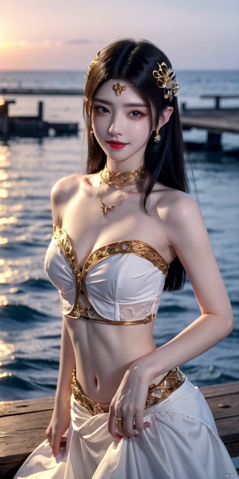  (Good structure),cowboy_shot, DSLR Quality,Depth of field ,looking_at_viewer,Dynamic pose, , kind smile,,
1girl, solo, long hair, , looking at viewer, skirt, hair ornament, bare shoulders, jewelry, , black hair, earrings, outdoors, midriff, water, necklace, lips, crop top, grey eyes, leaning forward, ocean, white skirt, strapless vest, sunset, sun, , , meidusha, , weddingdress