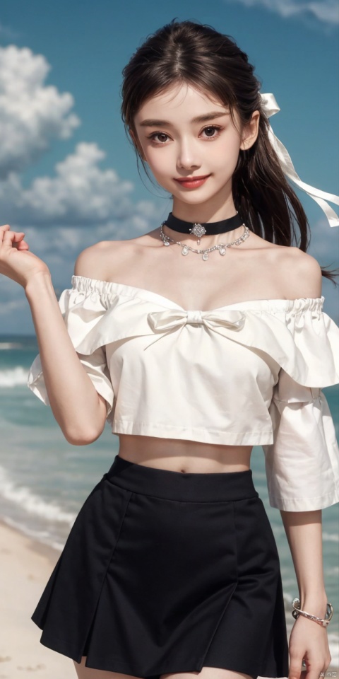  best quality, masterpiece, cowboy_shot,(Good structure), DSLR Quality,Depth of field,kind smile,looking_at_viewer,Dynamic pose, 
,Short skirt,Blue sky, white clouds, ocean, nai3, 1girl, solo, crop top, , choker, navel, shirt, midriff, crop top overhang, looking at viewer, white shirt, jewelry, breasts, bare shoulders, off-shoulder shirt, off shoulder, black choker, thighs, stomach, long hair, bracelet, short sleeves, ribbon, hand up, collarbone, hair ribbon, medium breasts, , bra strap, , hair ornament, thigh gap, necklace, expressionless, ,, ,, , , heben