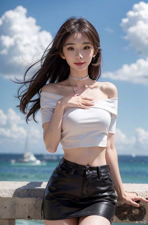 (Good structure), DSLR Quality,Depth of field ,looking_at_viewer,Dynamic pose, , kind smile,
,Short skirt,Blue sky, white clouds, ocean, nai3, 1girl, solo, crop top, , choker, navel, shirt, midriff, crop top overhang, looking at viewer, white shirt, jewelry, breasts, bare shoulders, off-shoulder shirt, off shoulder, black choker, thighs, stomach, long hair, bracelet, short sleeves, ribbon, hand up, collarbone, hair ribbon, medium breasts, , bra strap, , hair ornament, thigh gap, necklace, expressionless, , ,, , mimi, linzhiling