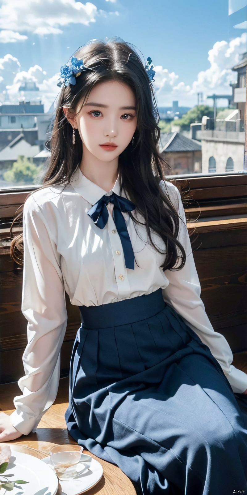  Highest quality, 8K, 1 girl, arm support, Bangs, Blue Bow, blue eyes, blue flowers, blue tie, Blue Ribbon, blue rose, blue dress, Blue Sky, chest, clouds, Cloudy Sky, day, earrings, flowers, ornament, hair between eyes, white hair, hair ornament, interior, jewelry, long hair, long sleeves, look at audience, medium chest, neck ribbon, open window, petals, ribbon, rose, shirt, sit, skirt, sky, solo, very long hair, white shirt, window, liuyifei, 