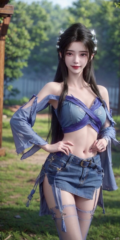  best quality, masterpiece, cowboy_shot,(Good structure), DSLR Quality,Depth of field,kind smile,looking_at_viewer,Dynamic pose,
 1girl, 3d, bare_shoulders, belt, blurry, blurry_background, blurry_foreground, branch, , , , collarbone, cosplay_photo, denim, denim_skirt, depth_of_field, , lips, long_hair, looking_at_viewer, midriff, miniskirt, motion_blur, navel, outdoors, photo_\(medium\), realistic, skirt, solo, standing, tree, , , , limuwan, blackpantyhose