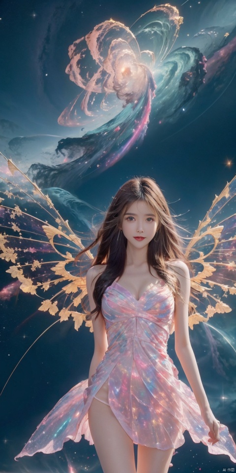  best quality, masterpiece, cowboy_shot,(Good structure), DSLR Quality,Depth of field,kind smile,looking_at_viewer,Dynamic pose, 
, 1girl, wings, solo, nebula wings, , long hair, navel, dress, pink wings, looking at viewer, star \(sky\), , , bare shoulders, sky, starry sky, collarbone, realistic, nebula,,, , xuancaiqun, , , wangyushan