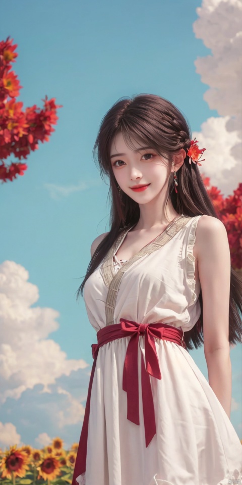  best quality, masterpiece, realistic ,(Good structure), DSLR Quality,Depth of field,kind smile,looking_at_viewer,Dynamic pose, 
1girl, solo, long hair, breasts, looking at viewer, blush,  bangs,, black hair,  , dress, bow, ribbon, bare shoulders, jewelry, medium breasts,  standing, collarbone, flower,  multicolored hair, earrings, outdoors, sky, , sleeveless, day, cloud, white dress, blue sky, bare arms, sleeveless dress, arms behind back, pink bow,   , sunflower, sundress, summer, , huolinger