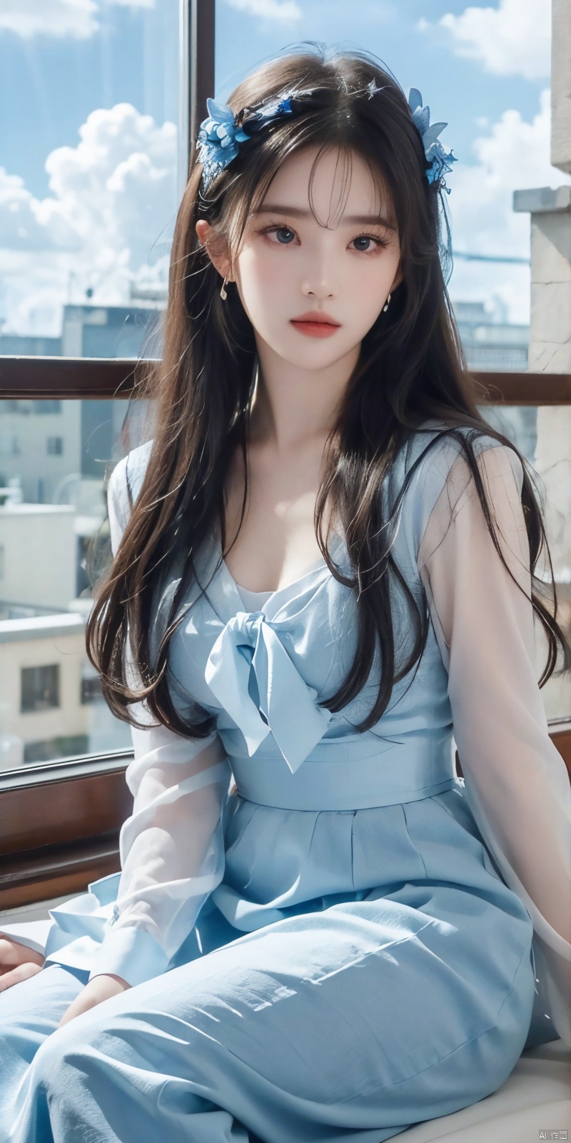  Highest quality, 8K, 1 girl, arm support, Bangs, Blue Bow, blue eyes, blue flowers, blue tie, Blue Ribbon, blue rose, blue dress, Blue Sky, chest, clouds, Cloudy Sky, day, earrings, flowers, ornament, hair between eyes, white hair, hair ornament, interior, jewelry, long hair, long sleeves, look at audience, medium chest, neck ribbon, open window, petals, ribbon, rose, shirt, sit, skirt, sky, solo, very long hair, white shirt, window, liuyifei, 