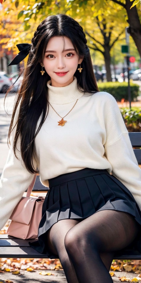  best quality, masterpiece, realistic, ,(Good structure), DSLR Quality,Depth of field,kind smile,looking_at_viewer,Dynamic pose, 
1girl, solo, long hair, looking at viewer, blush,  , bangs, skirt, blonde hair, red eyes, long sleeves, bow, holding, jewelry, sitting, very long hair,  , hair bow, pantyhose, pleated skirt, earrings, outdoors, day, necklace, bag, red bow, sweater, two side up, tree, cup, parted bangs, black pantyhose, feet out of frame, turtleneck, leaf, holding cup, grey skirt, contemporary, turtleneck sweater, bench, autumn leaves, black sweater, disposable cup, autumn, coffee cup, park bench, on bench, ereshkigal \(fate\), , blackpantyhose, jiangli