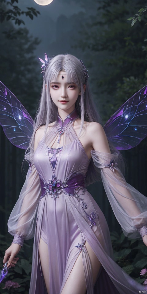  best quality, masterpiece, realistic,cowboy_shot,(Good structure), DSLR Quality,Depth of field,kind smile,looking_at_viewer,Dynamic pose, , professional camera, 8k photos, wallpaper 1 girl, solo,purple hair,ethereal fairy, floating on clouds, sparkling gown with iridescent butterfly wings, holding a magic wand, surrounded by dancing fireflies, twilight sky, full moon, mystical forest in the background, glowing mushrooms, enchanted flowers, softly illuminated by bioluminescence, serene expression, delicate features with pointed ears, flowing silver hair adorned with tiny stars, gentle breeze causing her dress and hair to flow ethereally, dreamlike atmosphere, surreal color palette, high dynamic range lighting, intricate details, otherworldly aesthetic.
, hand, xiaoyixian,white_hair