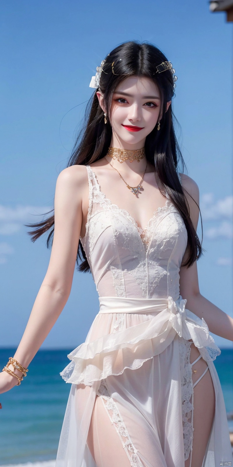  best quality, masterpiece, realistic, ,(Good structure), DSLR Quality,Depth of field,kind smile,looking_at_viewer,Dynamic pose, 
1girl, solo, long hair, , looking at viewer, blush, , bangs, blue eyes,, dress, bow, jewelry, very long hair, collarbone,hair bow, thighs, outdoors, sky, sleeveless, day, cloud, water, necklace, white dress, hair over one eye, bracelet, blue sky, blue bow, wading, pendant, doll, , rainbow, anastasia \(fate\), , meidusha, weddingdress