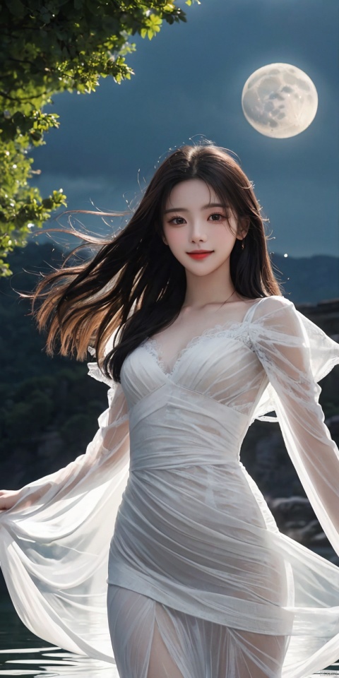  best quality, masterpiece, cowboy_shot,(Good structure), DSLR Quality,Depth of field,kind smile,looking_at_viewer,Dynamic pose, 
1 girl,(translucent white gauze dress:1.3), (moon), moonlight, water surface, long hair, windy, yangchaoyue
