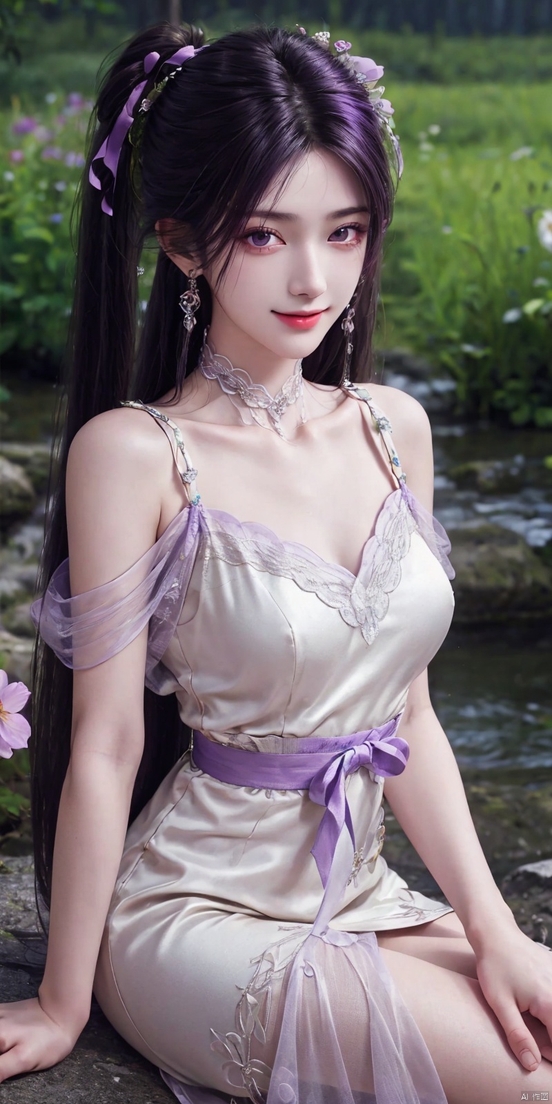 best quality, masterpiece, realistic,cowboy_shot,(Good structure), DSLR Quality,Depth of field,kind smile,looking_at_viewer,Dynamic pose, 
1girl, solo, long hair, breasts, looking at viewer, bangs,   hair ornament, dress, ribbon,  , bare shoulders, twintails, jewelry, medium breasts, sitting, very long hair, purple eyes, collarbone, hair ribbon, purple hair, flower, thighs, earrings, outdoors, parted lips, sleeveless, choker, hand up, hair flower, water,  white dress, bare arms, petals,  , sleeveless dress, black choker, short dress, frilled dress, white flower, purple ribbon, spaghetti strap,
 ,jinpinger