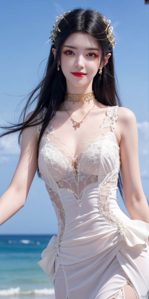  best quality, masterpiece, realistic, ,(Good structure), DSLR Quality,Depth of field,kind smile,looking_at_viewer,Dynamic pose, 
1girl, solo, long hair, , looking at viewer, blush, , bangs, blue eyes,, dress, bow, jewelry, very long hair, collarbone,hair bow, thighs, outdoors, sky, sleeveless, day, cloud, water, necklace, white dress, hair over one eye, bracelet, blue sky, blue bow, wading, pendant, doll, , rainbow, anastasia \(fate\), , meidusha, weddingdress
