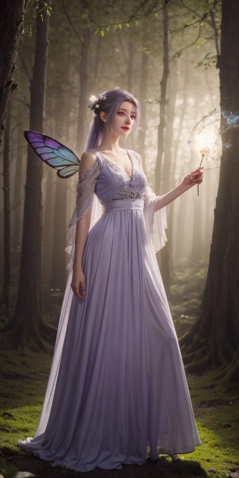  best quality, masterpiece, realistic,full_body,(Good structure), DSLR Quality,Depth of field,kind smile,looking_at_viewer,Dynamic pose, 
, professional camera, 8k photos, wallpaper 1 girl, solo,purple hair,ethereal fairy, floating on clouds, sparkling gown with iridescent butterfly wings, holding a magic wand, surrounded by dancing fireflies, twilight sky, full moon, mystical forest in the background, glowing mushrooms, enchanted flowers, softly illuminated by bioluminescence, serene expression, delicate features with pointed ears, flowing silver hair adorned with tiny stars, gentle breeze causing her dress and hair to flow ethereally, dreamlike atmosphere, surreal color palette, high dynamic range lighting, intricate details, otherworldly aesthetic.
, hand, hanyue