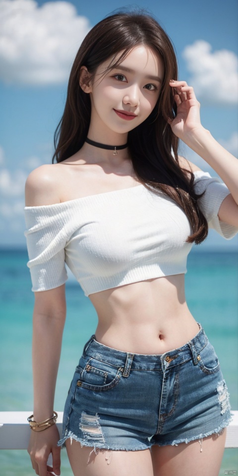 (Good structure), DSLR Quality,Depth of field,kind smile,looking_at_viewer,Dynamic pose,,
, Blue sky, white clouds, ocean,nai3, 1girl, shorts, solo, crop top, black shorts, choker, navel, shirt, midriff, crop top overhang, looking at viewer, white shirt, jewelry, breasts, bare shoulders, short shorts, off-shoulder shirt, off shoulder, black choker, thighs, stomach, hand on own thigh, long hair, bracelet, short sleeves, ribbon, hand up, collarbone, hair ribbon, medium breasts, standing, high-waist shorts, dolphin shorts, bra strap, , hair ornament, thigh gap, necklace, expressionless, ,  , , ,linyuner