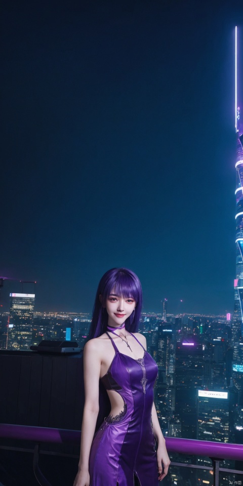 best quality, masterpiece, realistic,full_body,(Good structure), DSLR Quality,Depth of field,kind smile,looking_at_viewer,Dynamic pose, 
 neonpunk style Neon noir leogirl,hANMEIMEI,realistic photography,,On the rooftop of a towering skyscraper,a girl stands,facing the camera directly. Behind her,a multitude of skyscrapers stretches into the distance,creating a breathtaking urban panorama. It's the perfect dusk moment,with the evening sun casting a warm glow on the girl's face,intensifying the scene's impact. The photo captures a sense of awe,with the sharpness and realism making every detail vivid and clear,Hair fluttered in the wind,long hair,halterneck, . cyberpunk, vaporwave, neon, vibes, vibrant, stunningly beautiful, crisp, detailed, sleek, ultramodern, magenta highlights, dark purple shadows, high contrast, cinematic, ultra detailed, intricate, professional, ,, ,shengcaier,purple_hair