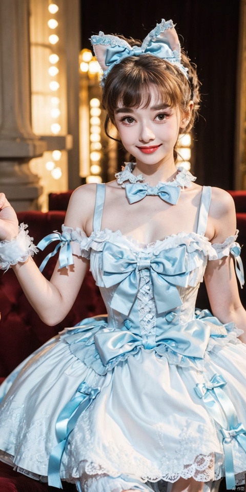  (Good structure), DSLR Quality,Depth of field,kind smile,looking_at_viewer,Dynamic pose, ,(wariza),,Girl, bare shoulders, , boobs, bow tie, ,purple eyes, cat ears, collar, ((Lolita Dress: 1.4)) , blue and white Lolita dress, wrinkled leg outfit, hand-held, lips, nose, shoulders, , alone, long_hair, kind smile, looking at the audience, white leg costume, wrist cuffs, 1girl,,looking_at_viewer, , lolidress , , , heben