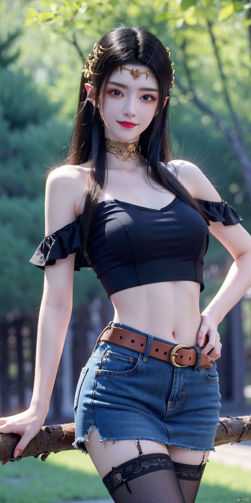  best quality, masterpiece, cowboy_shot,(Good structure), DSLR Quality,Depth of field,kind smile,looking_at_viewer,Dynamic pose,
 1girl, 3d, bare_shoulders, belt, blurry, blurry_background, blurry_foreground, branch, , , , collarbone, cosplay_photo, denim, denim_skirt, depth_of_field, , lips, long_hair, looking_at_viewer, midriff, miniskirt, motion_blur, navel, outdoors, photo_\(medium\), realistic, skirt, solo, standing, tree, , , , , , meidusha, blackpantyhose