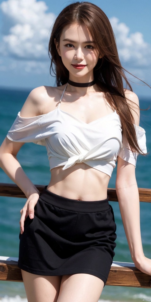 best quality, masterpiece, cowboy_shot,(Good structure), DSLR Quality,Depth of field,kind smile,looking_at_viewer,Dynamic pose, 
,Short skirt,Blue sky, white clouds, ocean, nai3, 1girl, solo, crop top, , choker, navel, shirt, midriff, crop top overhang, looking at viewer, white shirt, jewelry, breasts, bare shoulders, off-shoulder shirt, off shoulder, black choker, thighs, stomach, long hair, bracelet, short sleeves, ribbon, hand up, collarbone, hair ribbon, medium breasts, , bra strap, , hair ornament, thigh gap, necklace, expressionless, ,, ,, , nike