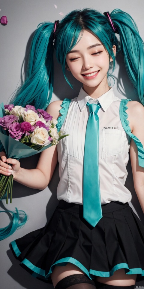 best quality, masterpiece, realistic,cowboy_shot,(Good structure), DSLR Quality,Depth of field,kind smile,looking_at_viewer,Dynamic pose, 
1girl, hatsune miku, solo, best quality, gradient background, blurry background, cowboy shot, looking at viewer, lying, falling petals, holding bouquet, smile, happy, open mouth, upper teeth only, hair between eyes, aqua eyes, blue eyes, half-closed eyes, very long hair, floating hair, aqua hair, blue hair, curly hair, twintails, bangs, black skirt, pleated skirt, sleeveless shirt, grey shirt, collared shirt, thighhighs, white shirt, detached sleeves, bare shoulders, black sleeves, aqua necktie, flower, confetti, depth of field, shadow, blurry foreground, shaded face