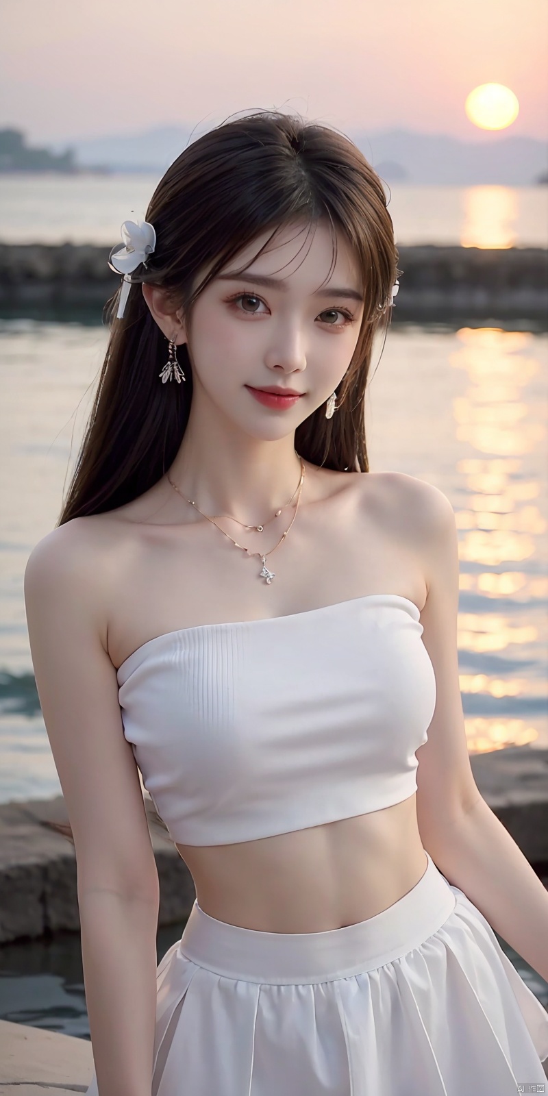  (Good structure),cowboy_shot, DSLR Quality,Depth of field ,looking_at_viewer,Dynamic pose, , kind smile,,
1girl, solo, long hair,  , looking at viewer, skirt, hair ornament, bare shoulders, jewelry,  , black hair, earrings, outdoors, midriff, water, necklace, lips, crop top, grey eyes, leaning forward, ocean, white skirt, strapless vest, sunset, sun, qingyi, 