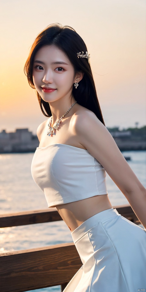  best quality, masterpiece, realistic,cowboy_shot,(Good structure), DSLR Quality,Depth of field,kind smile,looking_at_viewer,Dynamic pose, 
1girl, solo, long hair, , looking at viewer, skirt, hair ornament, bare shoulders, jewelry, , black hair, earrings, outdoors, midriff, water, necklace, lips, crop top, grey eyes, leaning forward, ocean, white skirt, strapless vest, sunset, sun, , , , nalanyanran