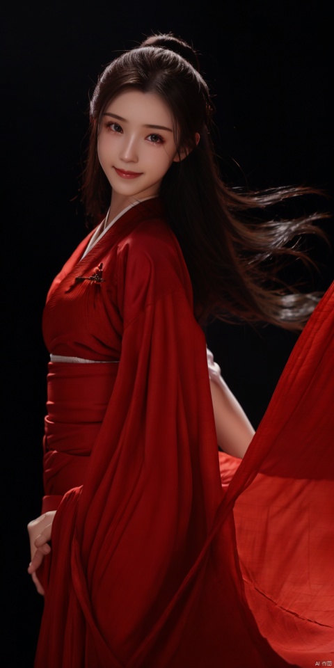  cowboy_shot, (Good structure), DSLR Quality,Depth of field ,looking_at_viewer,Dynamic pose, , kind smile,,
High detailed, masterpiece, A girl,  , solo, female focus：1.35, Tears in the eyes, [Shed tears], widow's peak, Long hair drifting away：1.5, Red, Hanfu|kimono）, /, Suspended red silk：1.35, BREAK, fine gloss,  , Oil painting texture, (Black Background: 1.3), bow-shaped hair,  , ray tracing, reflection light, anaglyph, motion blur, cinematic lighting, motion lines, Depth of field, ray tracing, sparkle, vignetting, UHD, 8K, best quality, textured skin, 1080P, ccurate, 1girl, hanikezi