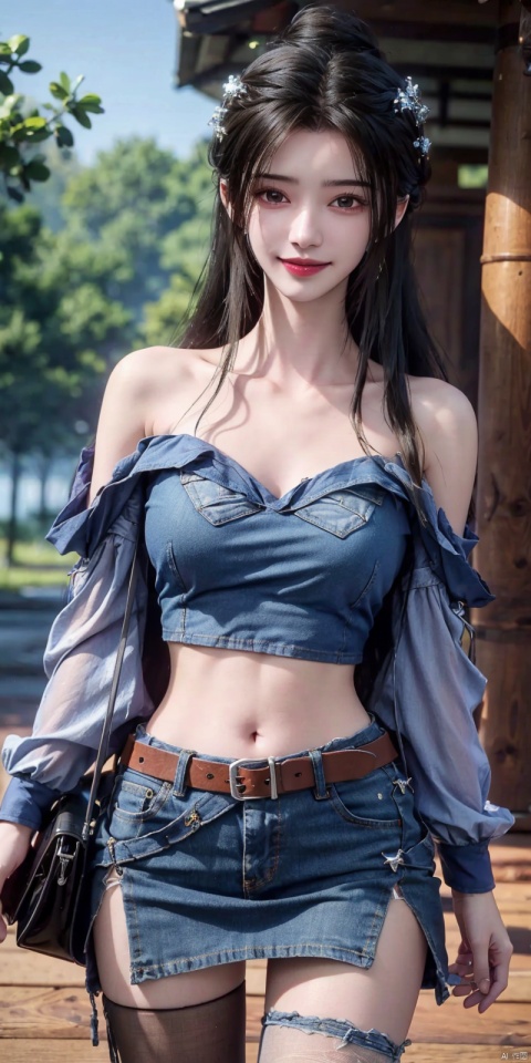  best quality, masterpiece, cowboy_shot,(Good structure), DSLR Quality,Depth of field,kind smile,looking_at_viewer,Dynamic pose,
 1girl, 3d, bare_shoulders, belt, blurry, blurry_background, blurry_foreground, branch, , , , collarbone, cosplay_photo, denim, denim_skirt, depth_of_field, , lips, long_hair, looking_at_viewer, midriff, miniskirt, motion_blur, navel, outdoors, photo_\(medium\), realistic, skirt, solo, standing, tree, , , , limuwan, blackpantyhose