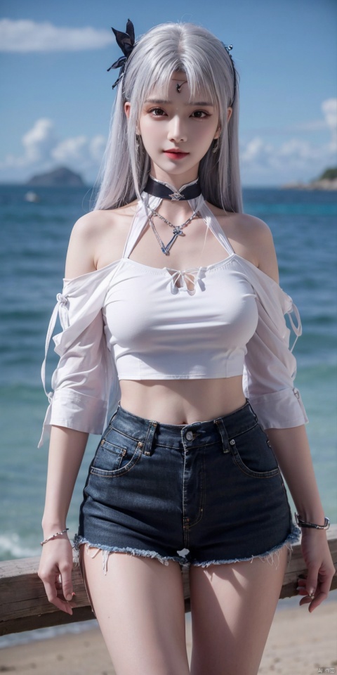 (Good structure),cowboy_shot, DSLR Quality,Depth of field ,looking_at_viewer,Dynamic pose, , kind smile,,, Blue sky, white clouds, ocean,nai3, 1girl, shorts, solo, crop top, black shorts, choker, navel, shirt, midriff, crop top overhang, looking at viewer, white shirt, jewelry, breasts, bare shoulders, short shorts, off-shoulder shirt, off shoulder, black choker, thighs, stomach, hand on own thigh, long hair, bracelet, short sleeves, ribbon, hand up, collarbone, hair ribbon, medium breasts, standing, high-waist shorts, dolphin shorts, bra strap, , hair ornament, thigh gap, necklace, expressionless, , , xiaoyixian,white_hair, 