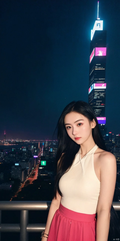  neonpunk style Neon noir leogirl,hANMEIMEI,realistic photography,,On the rooftop of a towering skyscraper,a girl stands,facing the camera directly. Behind her,a multitude of skyscrapers stretches into the distance,creating a breathtaking urban panorama. It's the perfect dusk moment,with the evening sun casting a warm glow on the girl's face,intensifying the scene's impact. The photo captures a sense of awe,with the sharpness and realism making every detail vivid and clear,Hair fluttered in the wind,long hair,halterneck, . cyberpunk, vaporwave, neon, vibes, vibrant, stunningly beautiful, crisp, detailed, sleek, ultramodern, magenta highlights, dark purple shadows, high contrast, cinematic, ultra detailed, intricate, professional, Light master,, , yunv