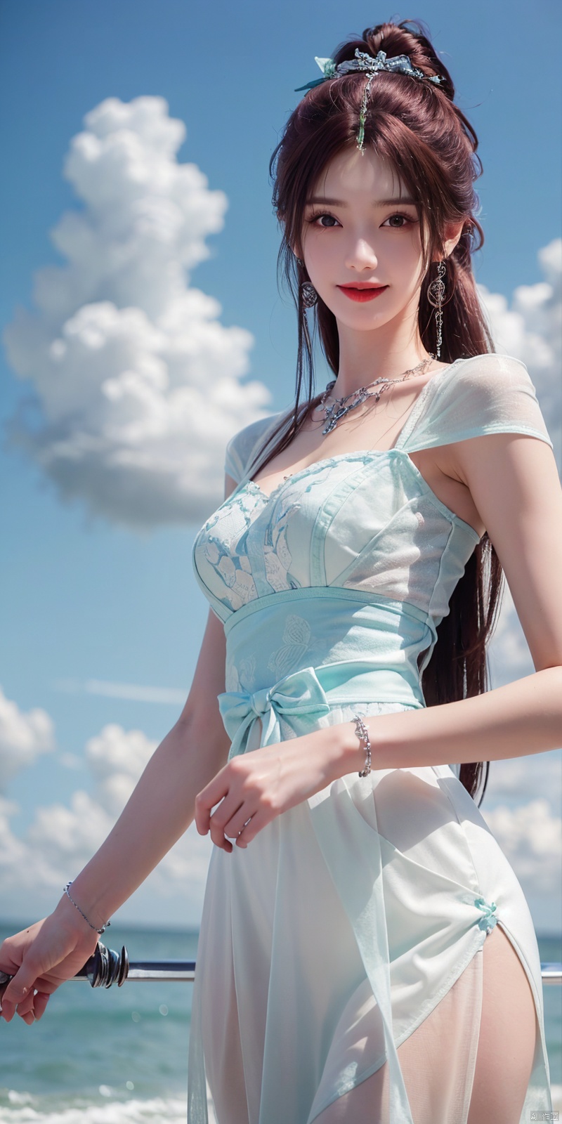  best quality, masterpiece, realistic, ,(Good structure), DSLR Quality,Depth of field,kind smile,looking_at_viewer,Dynamic pose, 
1girl, solo, long hair, breasts, looking at viewer, blush, , bangs, blue eyes,, dress, bow, , bare shoulders, jewelry, very long hair, collarbone, ponytail, white hair, hair bow, thighs, outdoors, sky, sleeveless, day, cloud, water, necklace, white dress, hair over one eye, bracelet, blue sky, blue bow, wading, pendant, doll, skirt hold, rainbow, anastasia \(fate\),
 , yeqinxian