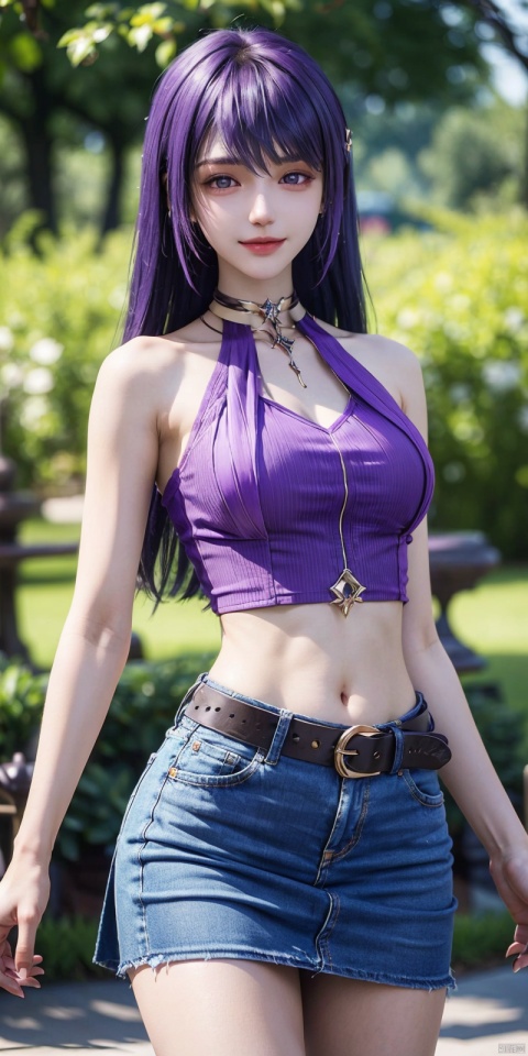  best quality, masterpiece, cowboy_shot,(Good structure), DSLR Quality,Depth of field,kind smile,looking_at_viewer,Dynamic pose,
 1girl, 3d, bare_shoulders, belt, blurry, blurry_background, blurry_foreground, branch, , , , collarbone, cosplay_photo, denim, denim_skirt, depth_of_field, , lips, long_hair, looking_at_viewer, midriff, miniskirt, motion_blur, navel, outdoors, photo_\(medium\), realistic, skirt, solo, standing, tree, ,,purple_hair, shengcaier