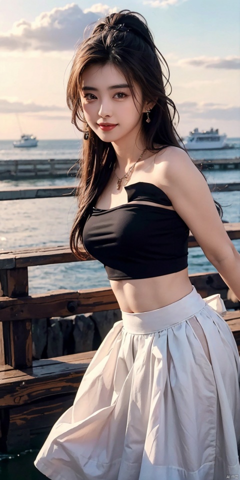  (Good structure),cowboy_shot, DSLR Quality,Depth of field ,looking_at_viewer,Dynamic pose, , kind smile,,
1girl, solo, long hair, , looking at viewer, skirt, hair ornament, bare shoulders, jewelry, , black hair, earrings, outdoors, midriff, water, necklace, lips, crop top, grey eyes, leaning forward, ocean, white skirt, strapless vest, sunset, sun, , wangzuxian