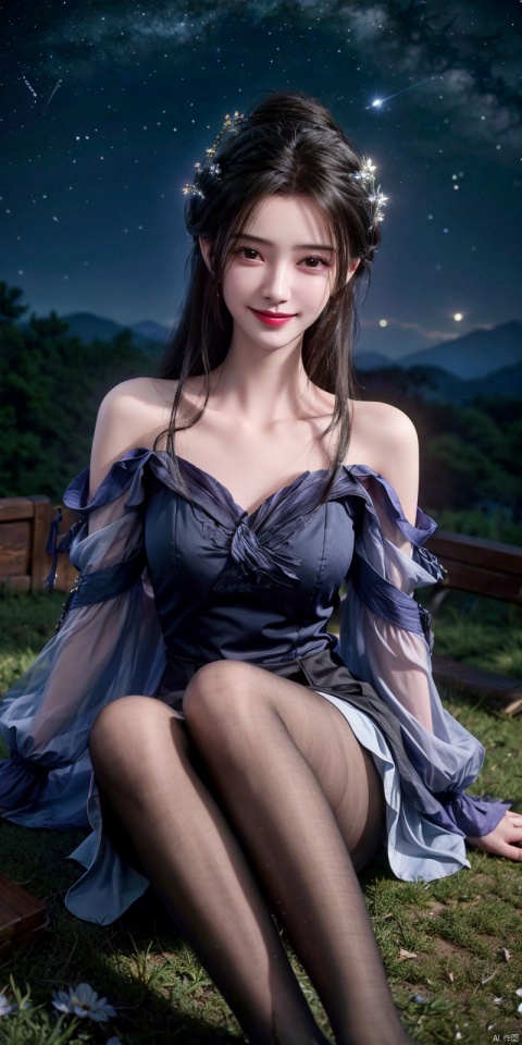 best quality, masterpiece, realistic,full_body,(Good structure), DSLR Quality,Depth of field,kind smile,looking_at_viewer,Dynamic pose, 
On the mountaintop, you can see the starry sky, and a beautiful girl is sitting on the grass. It is a masterpiece of a master, with stunning beauty, eye close-up, natural beauty, long legs, and short skirt, ,blackpantyhose, , limuwan