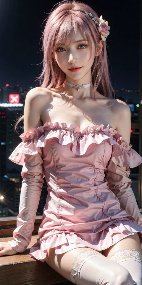best quality, masterpiece, realistic,cowboy_shot,(Good structure), DSLR Quality,Depth of field,kind smile,looking_at_viewer,Dynamic pose, 
,,1girl, solo, long hair, bangs, hair ornament, thighhighs, long sleeves, dress, bare shoulders, sitting,  ,,breasts, looking at viewer, blue eyes, medium breasts, collarbone, choker, hair flower, water, off shoulder, purple dress, pink hair, flower, detached sleeves, indoors, pink eyes, white thighhighs, purple dress, forehead mark,leiting, 1girl