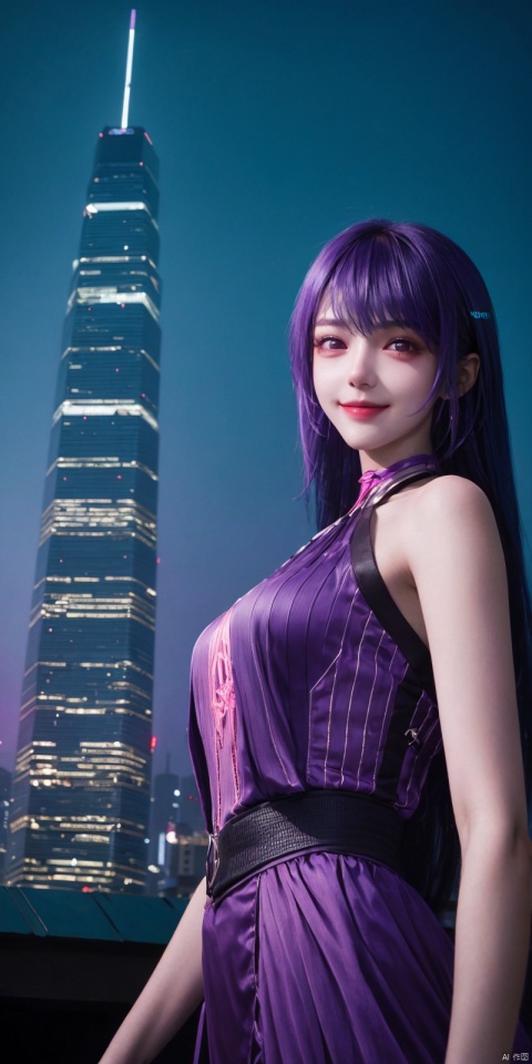 best quality, masterpiece, realistic,cowboy_shot,(Good structure), DSLR Quality,Depth of field,kind smile,looking_at_viewer,Dynamic pose, 
 neonpunk style Neon noir leogirl,hANMEIMEI,realistic photography,,On the rooftop of a towering skyscraper,a girl stands,facing the camera directly. Behind her,a multitude of skyscrapers stretches into the distance,creating a breathtaking urban panorama. It's the perfect dusk moment,with the evening sun casting a warm glow on the girl's face,intensifying the scene's impact. The photo captures a sense of awe,with the sharpness and realism making every detail vivid and clear,Hair fluttered in the wind,long hair,halterneck, . cyberpunk, vaporwave, neon, vibes, vibrant, stunningly beautiful, crisp, detailed, sleek, ultramodern, magenta highlights, dark purple shadows, high contrast, cinematic, ultra detailed, intricate, professional, ,, ,shengcaier,purple_hair