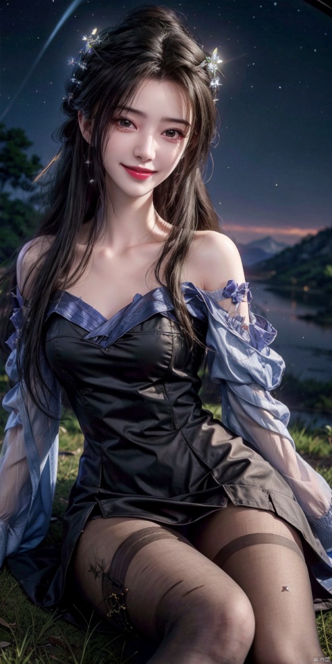 best quality, masterpiece, realistic,full_body,(Good structure), DSLR Quality,Depth of field,kind smile,looking_at_viewer,Dynamic pose, 
On the mountaintop, you can see the starry sky, and a beautiful girl is sitting on the grass. It is a masterpiece of a master, with stunning beauty, eye close-up, natural beauty, long legs, and short skirt, ,blackpantyhose, , limuwan