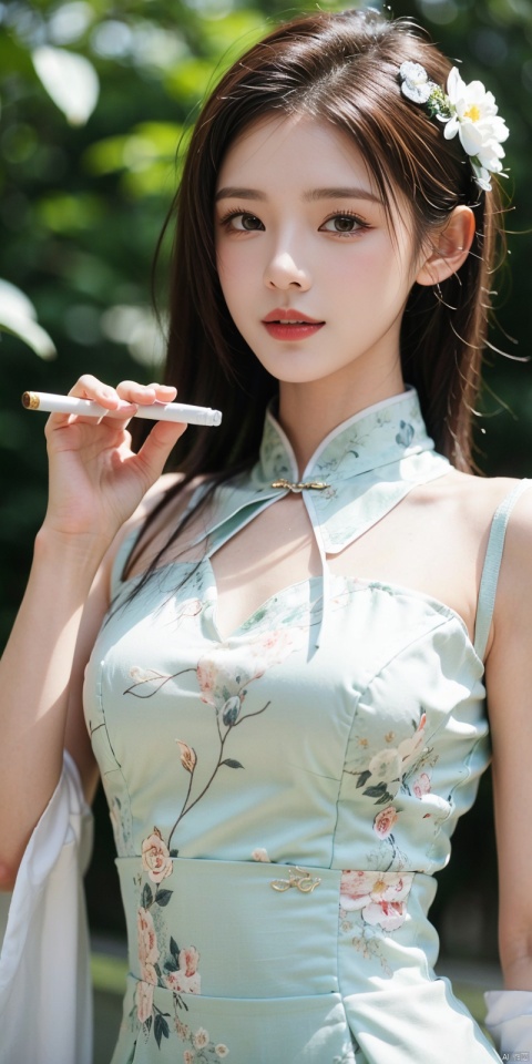  (Good structure), DSLR Quality,Depth of field,kind smile,looking_at_viewer,Dynamic pose,,,
The image is a well-composed, vintage-inspired photograph featuring a model in a green floral cheongsam, holding a cigarette holder. The model's pose and expression exude confidence and allure. The image is well-lit and of high quality, with excellent color balance and contrast. The background is blurred, further emphasizing the model as the main subject. The vintage aesthetic is well-executed, showcasing the photographer's skill and talent., Detail, zhangyuxi, 1girl