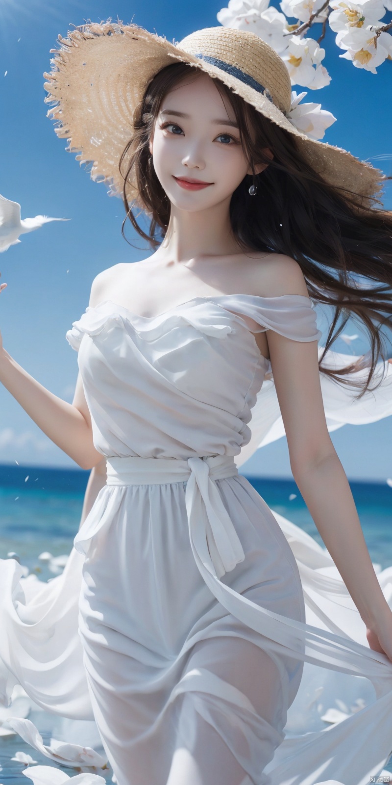 best quality, masterpiece, cowboy_shot,(Good structure), DSLR Quality,Depth of field,kind smile,looking_at_viewer,Dynamic pose, 
, depth of field, (1girl:1.2), , very long hair, low twintails, yellow eyes, light smile, Straw hat, looking at viewer,
white shirt, white skirt, (flying white chiffon:1.5), bare shoulder,
(flying blue petals:1.2), (standing above water surface), sky background, (cloud:1.2), white bird, floating water drops, (white border:1.2)
, backlight,lizhien