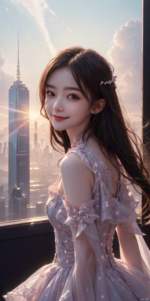 best quality, masterpiece, realistic,cowboy_shot,(Good structure), DSLR Quality,Depth of field,kind smile,looking_at_viewer,Dynamic pose, 
,neonpunk style Neon noir leogirl,hANMEIMEI,realistic photography,,On the rooftop of a towering skyscraper,a girl stands,facing the camera directly. Behind her,a multitude of skyscrapers stretches into the distance,creating a breathtaking urban panorama. It's the perfect dusk moment,with the evening sun casting a warm glow on the girl's face,intensifying the scene's impact. The photo captures a sense of awe,with the sharpness and realism making every detail vivid and clear,Hair fluttered in the wind,long hair,halterneck, . cyberpunk, vaporwave, neon, vibes, vibrant, stunningly beautiful, crisp, detailed, sleek, ultramodern, magenta highlights, dark purple shadows, high contrast, cinematic, ultra detailed, intricate, professional, , Light master,, , , ,,  , 1girl,kind smile, ,  xuancaiqun, , lianmo