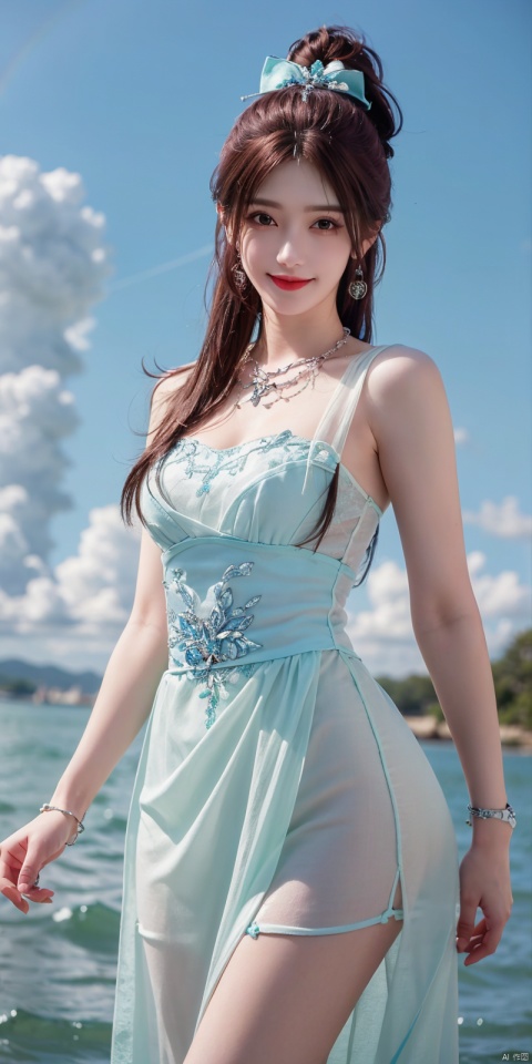  best quality, masterpiece, realistic, ,(Good structure), DSLR Quality,Depth of field,kind smile,looking_at_viewer,Dynamic pose, 
1girl, solo, long hair, breasts, looking at viewer, blush, , bangs, blue eyes,, dress, bow, , bare shoulders, jewelry, very long hair, collarbone, ponytail, white hair, hair bow, thighs, outdoors, sky, sleeveless, day, cloud, water, necklace, white dress, hair over one eye, bracelet, blue sky, blue bow, wading, pendant, doll, skirt hold, rainbow, anastasia \(fate\),
 , yeqinxian,brown hair